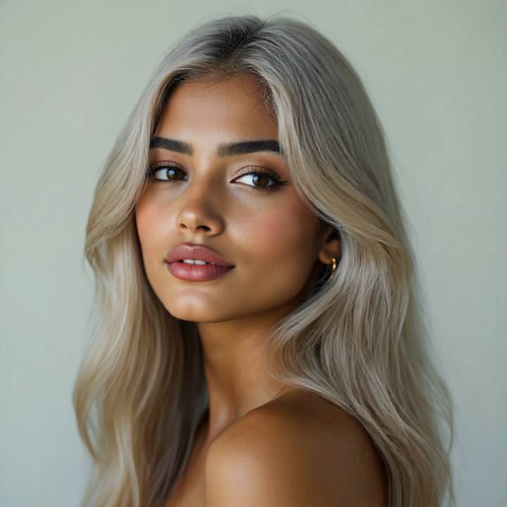 Ash blonde hair color try on, cool beige blonde previewed with an AI hair color changer