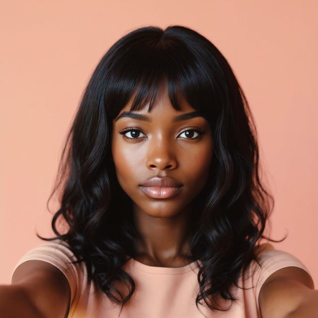 The same woman after an AI bangs try on — coily texture and deep skin tone preserved