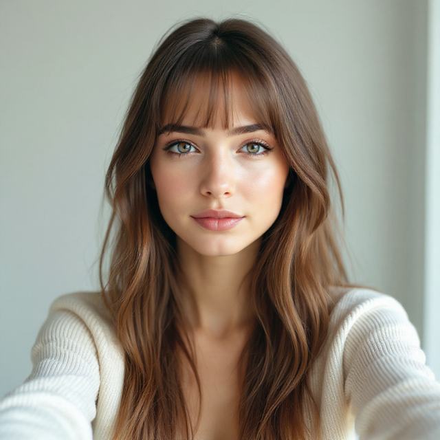 The same woman after an AI curtain bangs try on — identical face