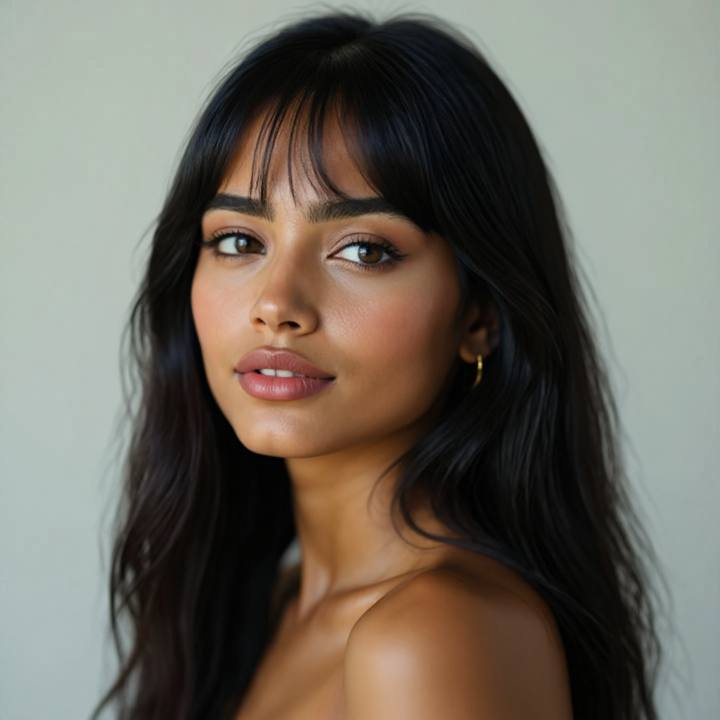 The same South Asian woman after an AI bangs try on, golden skin tone and angle preserved