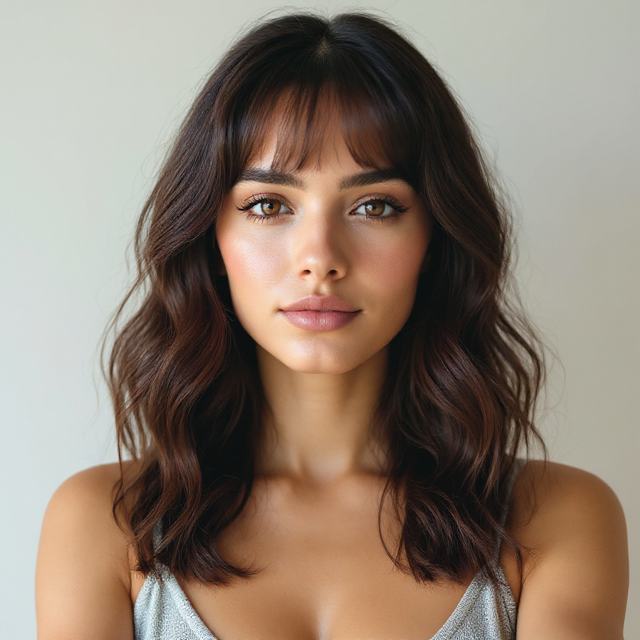 The same woman after an AI bangs try on — same face, new fringe
