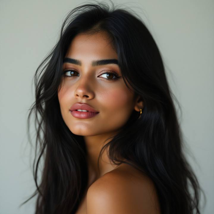 South Asian woman at a three-quarter angle before an AI bangs try on
