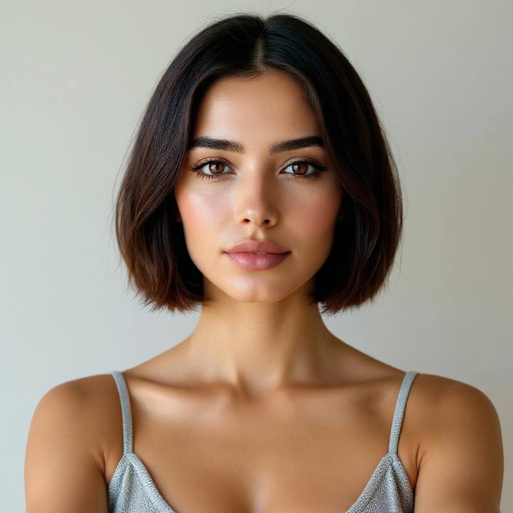The same woman with a sharp blunt bob (face and skin tone unchanged)