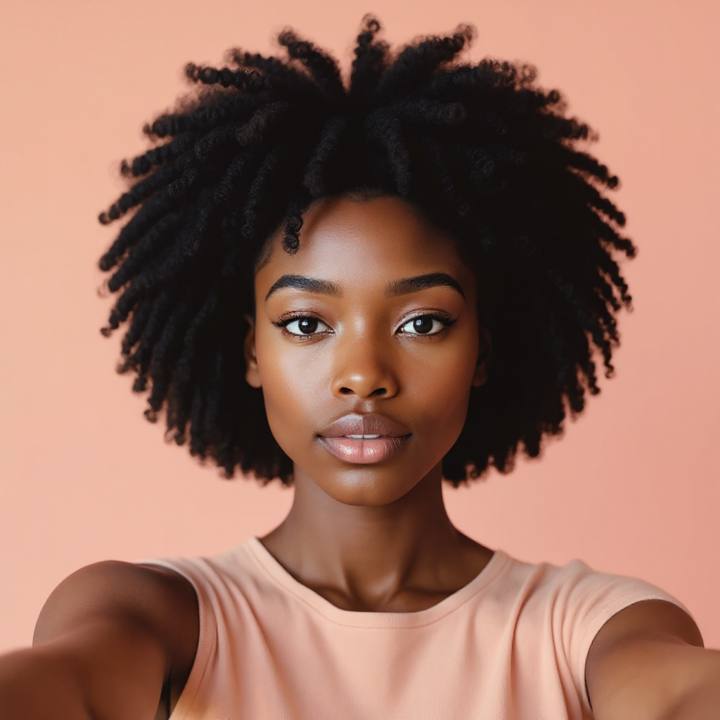 The same woman with a rounded curly bob (coils and deep skin tone preserved)