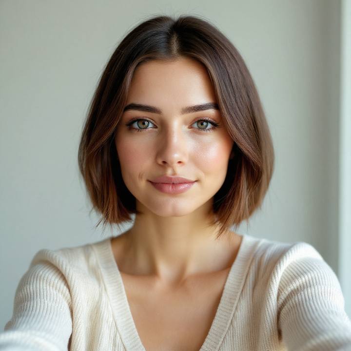 The same woman with a chin-length french bob (identical face)