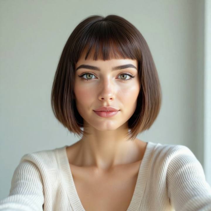 The same woman with a blunt bob and a full fringe, face kept