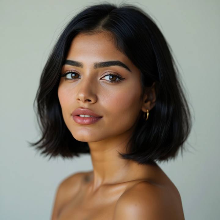 The same South Asian woman with a middle-part french bob, golden skin tone preserved