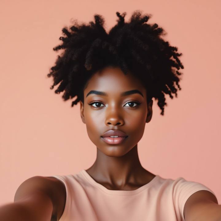 Woman with 4C coily hair before an AI curly bob try on