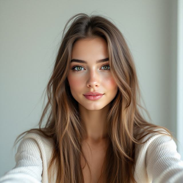 Woman with long hair before an AI blunt bob with fringe try on