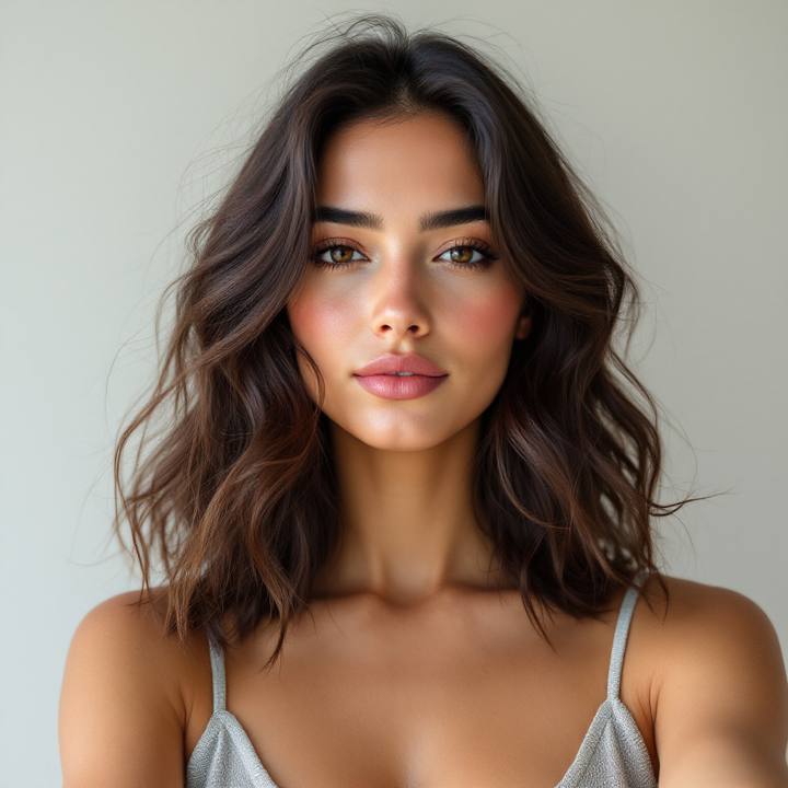 Woman with long wavy hair before an AI blunt bob try on