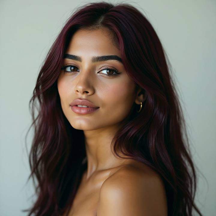 Burgundy hair color try on, dark red wine shade previewed with an AI hair color changer