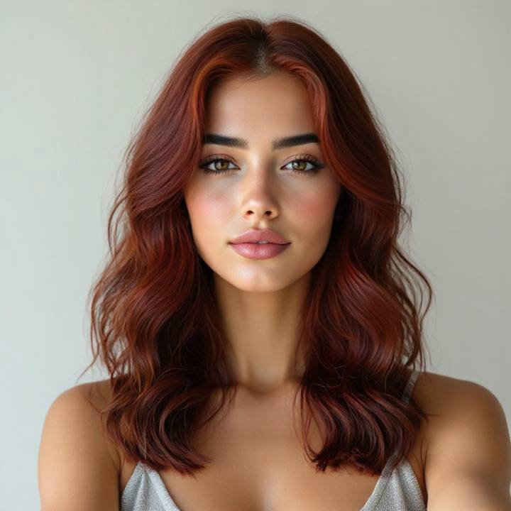 Burnt auburn hair color try on, warm reddish brown previewed on a real selfie