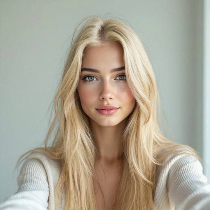 Butter blonde hair color try on, creamy warm blonde previewed on a real selfie
