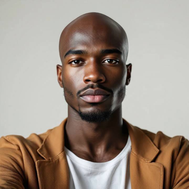 The same man with a fully shaved bald head, deep skin tone and features preserved
