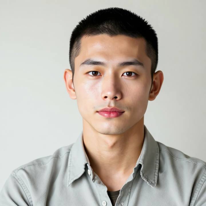 The same man with a short induction buzz cut, identical face