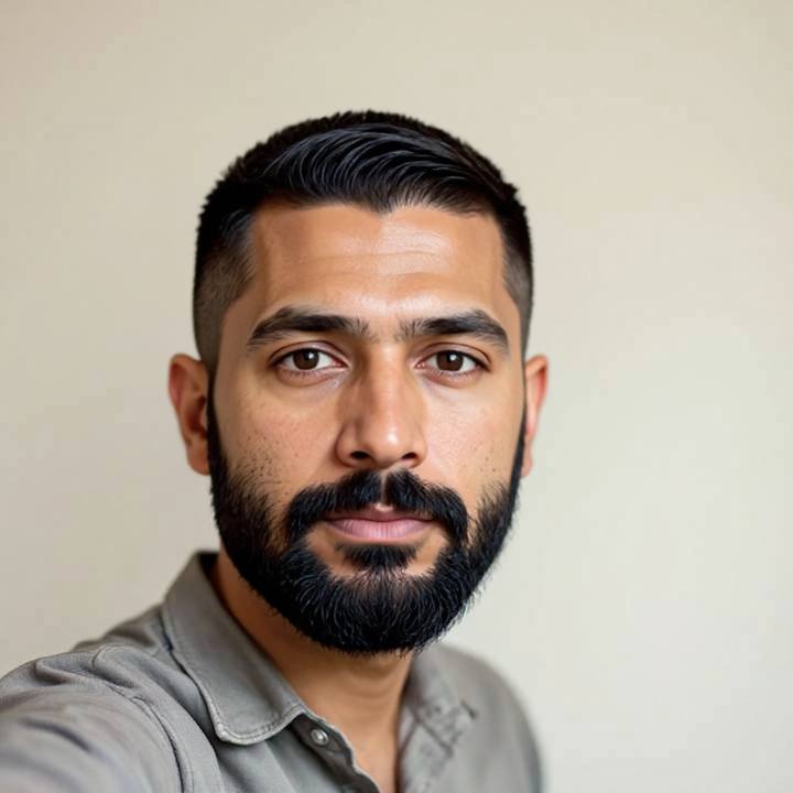 The same man with a faded buzz cut, his beard kept and neatened