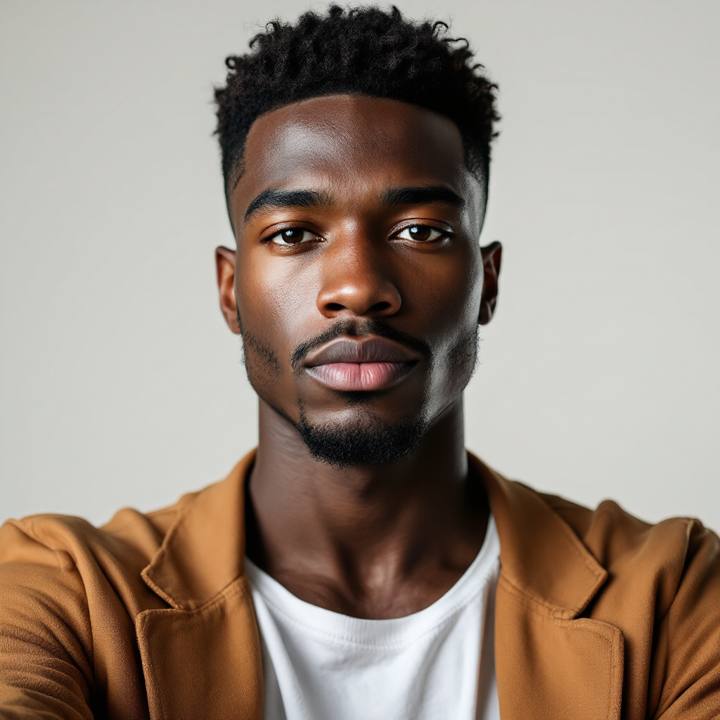Black man with short curly hair and deep skin before an AI shaved head try on
