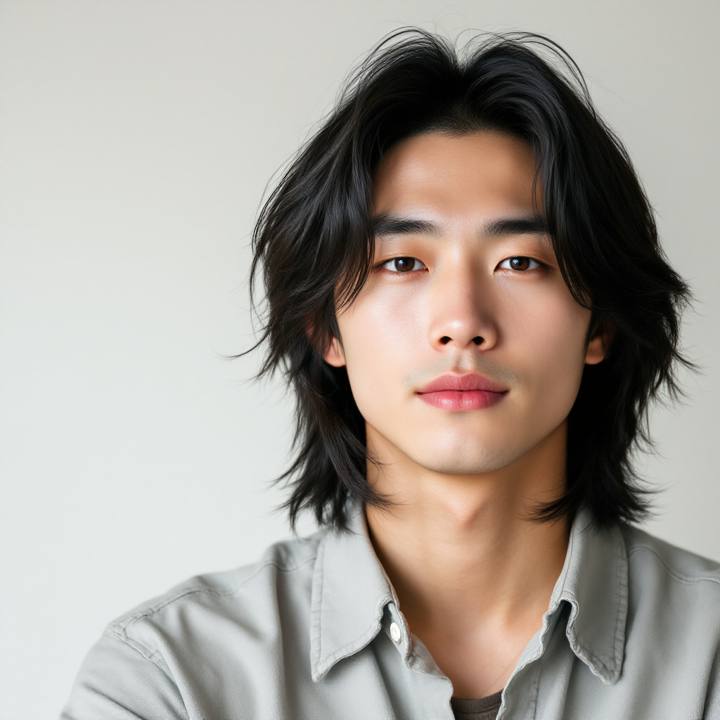 East Asian man with medium-length black hair before an AI buzz cut try on