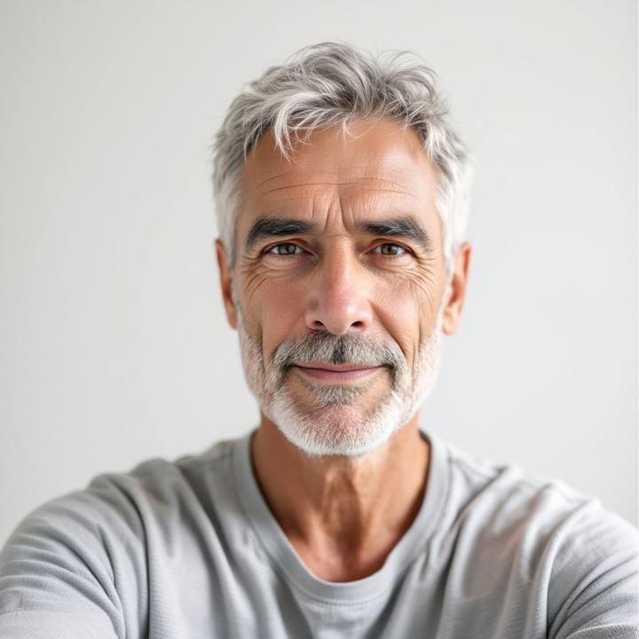 Older man with grey hair and stubble before an AI shaved head try on