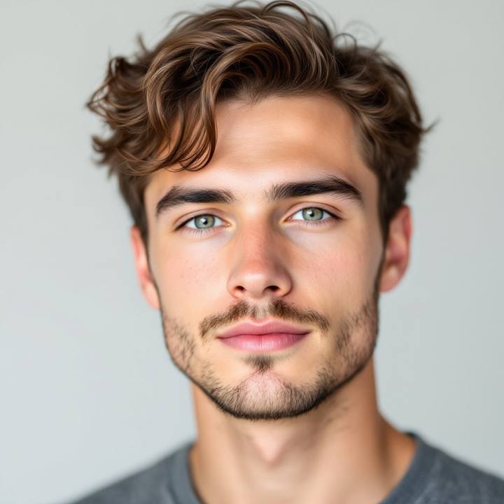 Young man with wavy brown hair before an AI buzz cut try on