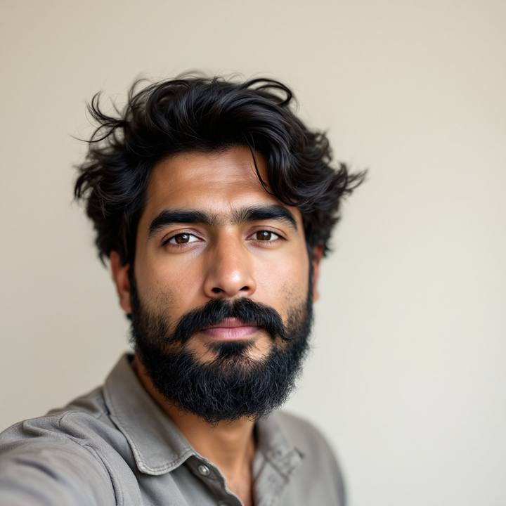 South Asian man with thick hair and a beard before an AI buzz cut try on