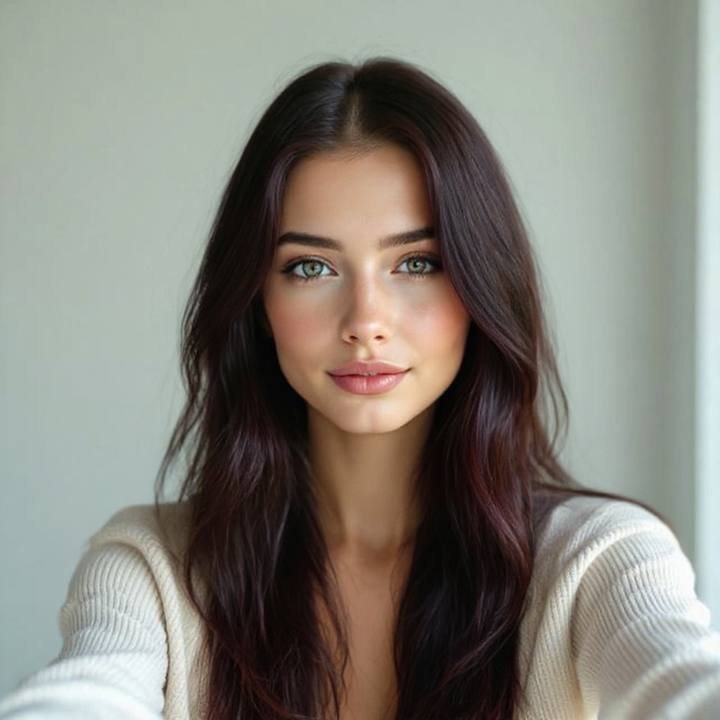 Chocolate brown hair color try on, rich brunette with caramel dimension on a real face