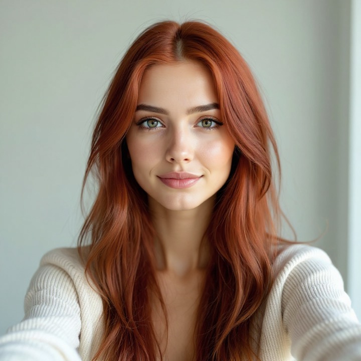 AI hair-colour try-on: the same woman with copper red hair