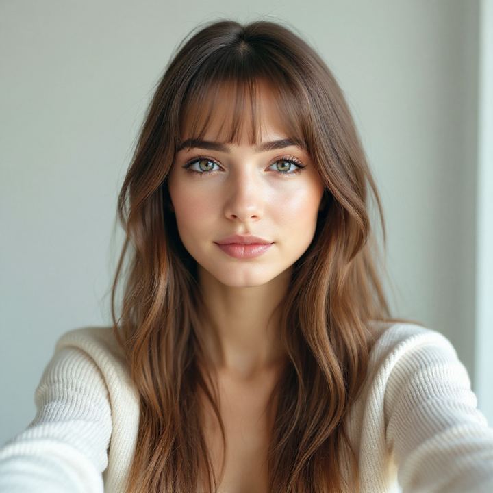 AI hairstyle try on: the same woman with curtain bangs — same face, new hair