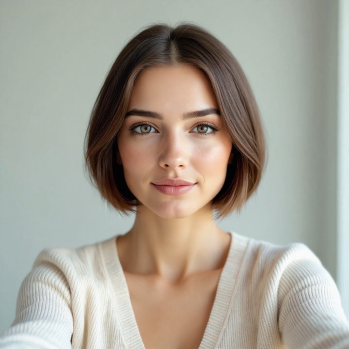 AI hairstyle try-on: the same woman with a chin-length french bob