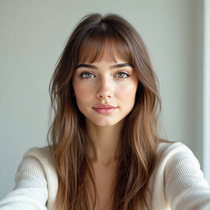 Full bangs AI try-on: straight-across fringe on a real face