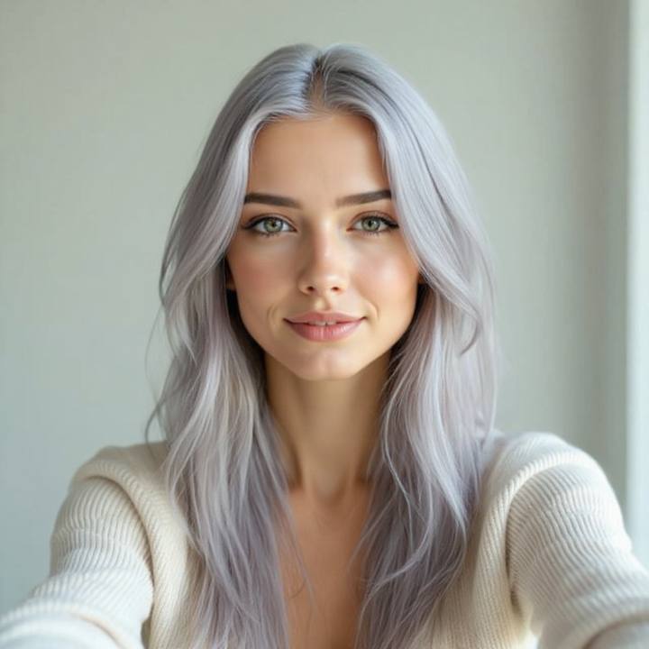 The same young woman with all-over silver gray hair, no ageing, same face