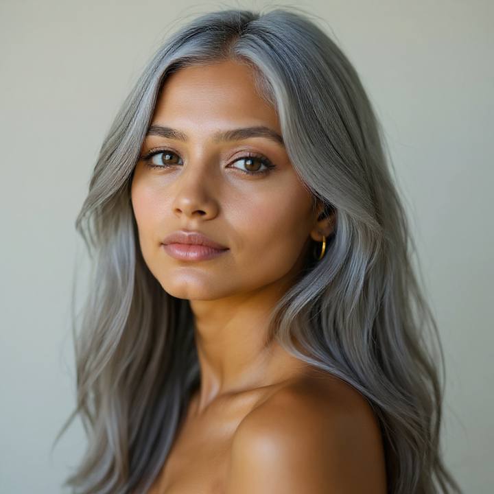 The same woman with silver gray hair (golden skin tone preserved, angle kept)