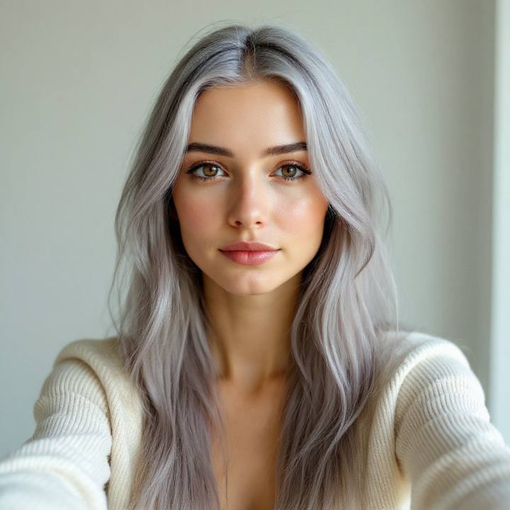 The same woman after the AI hair color changer, with silver hair and identical face and skin tone