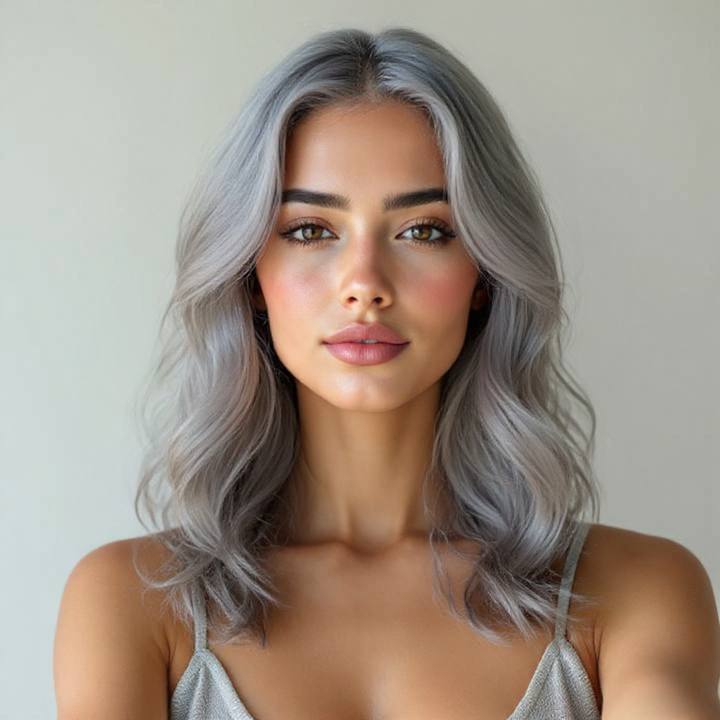The same woman with fashion silver gray wavy hair, features and freckles kept