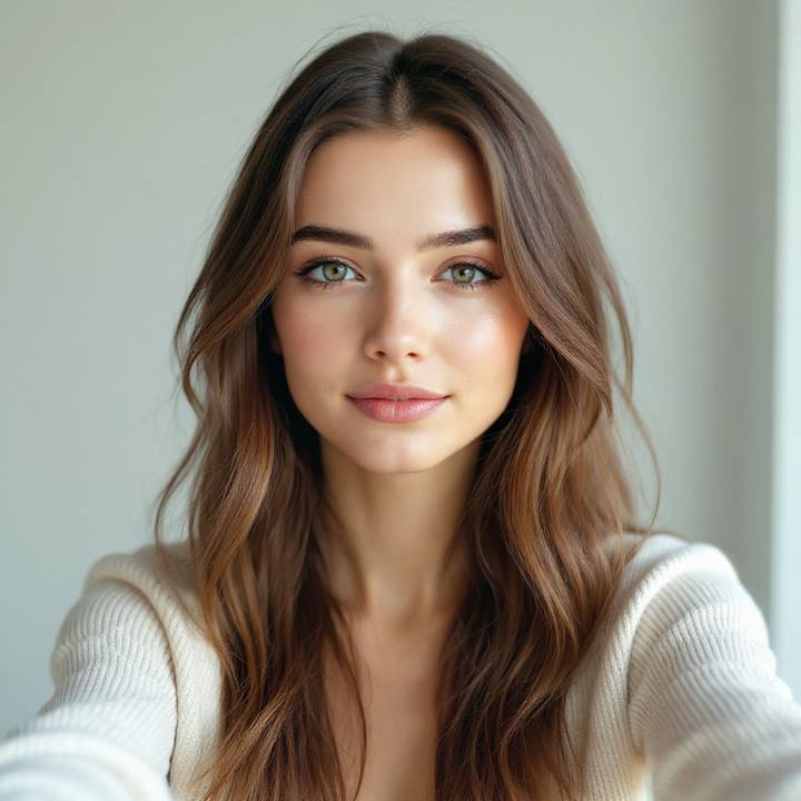Hush cut haircut simulation, soft wispy layers previewed on a real selfie