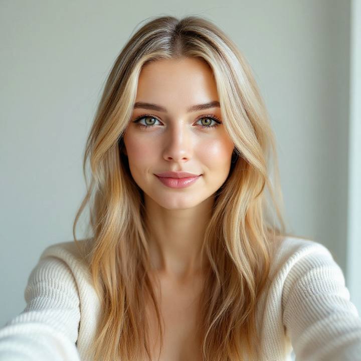 Money piece hair color try on, face-framing highlights on a real selfie