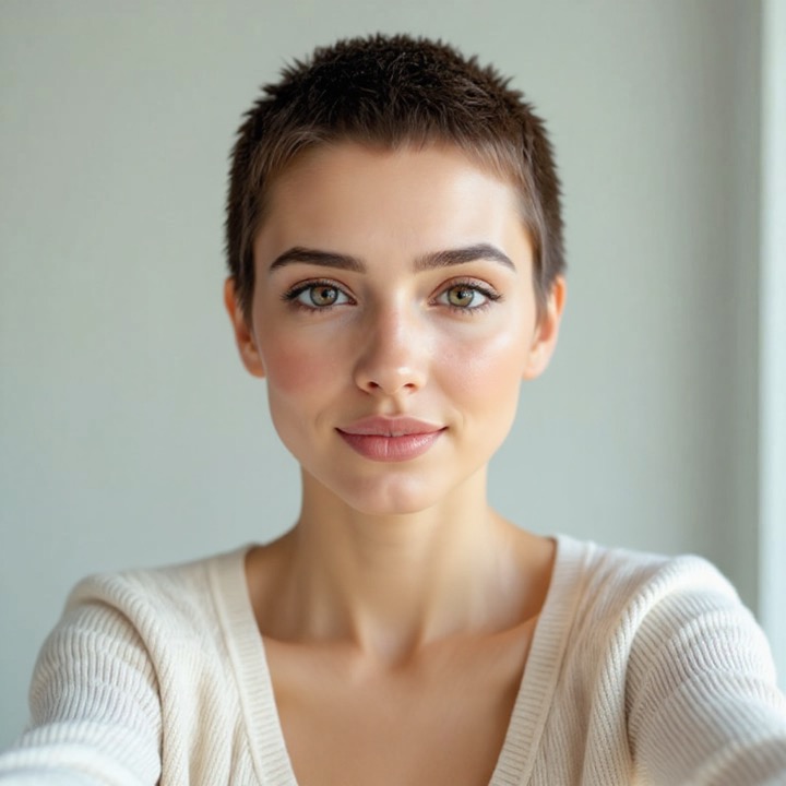AI hairstyle try-on: the same woman with a short pixie cut