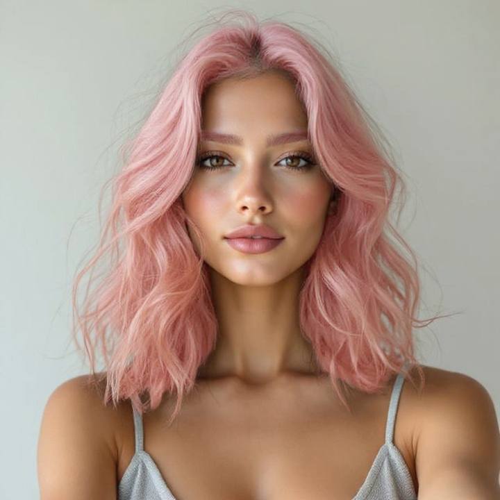 Rose gold hair color try on, pink-tinted blonde previewed on a real face