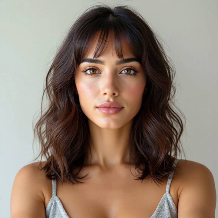 Modern shag haircut simulation on a real face, layers and curtain fringe kept honest