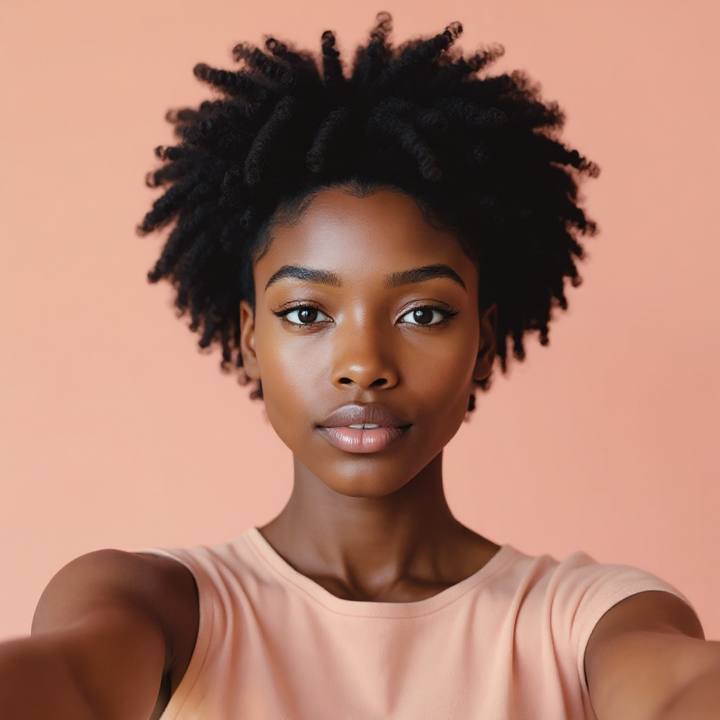 The same woman with a short tapered natural crop, coily texture and deep skin preserved