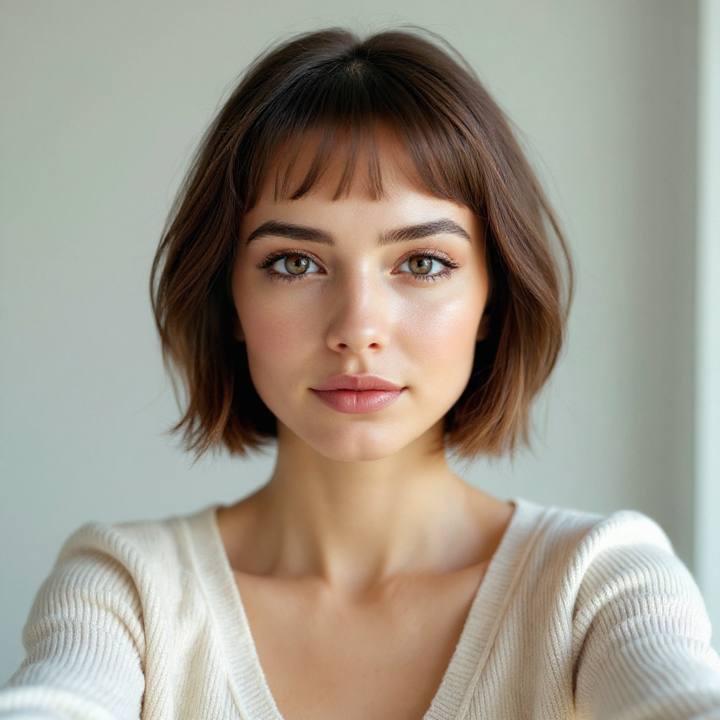 The same woman with a textured pixie cut: identical face, AI short hair preview