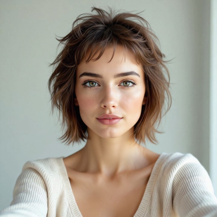 AI hairstyle try-on: the same woman with a shaggy wolf cut